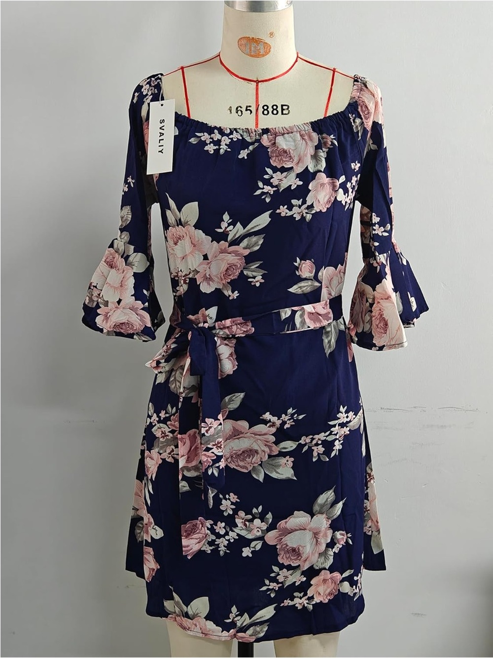 Navy Floral Off-Shoulder Belted Dress